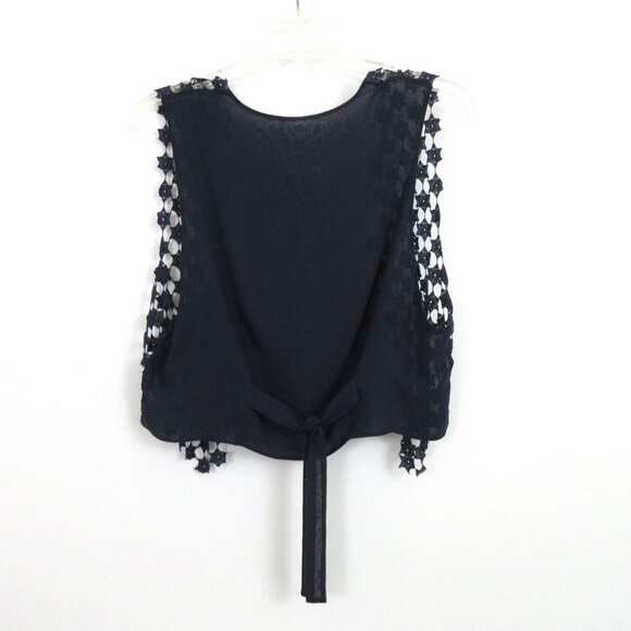 Open Front Silk Vest Size Medium Sleeveless Bolero Crochet Blue Stars Patriotic - Picture 2 of 9